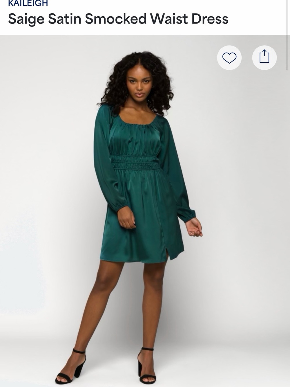 Kaileigh Emerald Satin Smocked-Waist Long Sleeve Dress